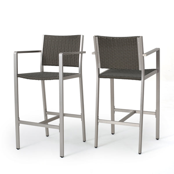 gdf studio Capral 30-Inch Outdoor Grey Wicker Barstools (Set of 2)