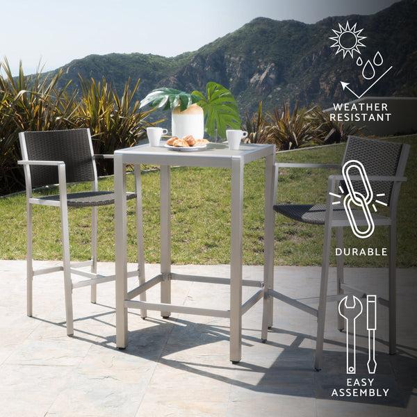 Gdf Studio Capral Outdoor 3 Piece Grey Wicker Bar Set With Glass Table Top