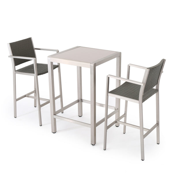 gdf studio Capral Outdoor 3 Piece Grey Wicker Bar Set with Glass Table Top
