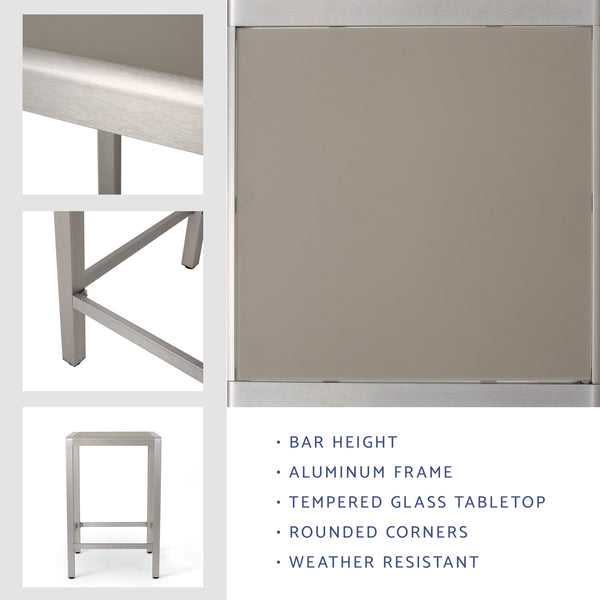 Gdf Studio Capral Outdoor Grey Alumnimum Bar Table With Glass Top