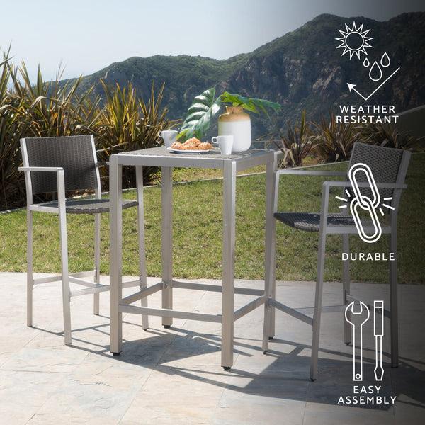 Gdf Studio Capral Outdoor Modern 3-Piece Gray Wicker Bar Set With Aluminum Frame