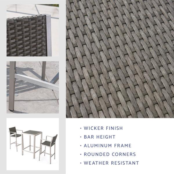Gdf Studio Capral Outdoor Modern 3-Piece Gray Wicker Bar Set With Aluminum Frame