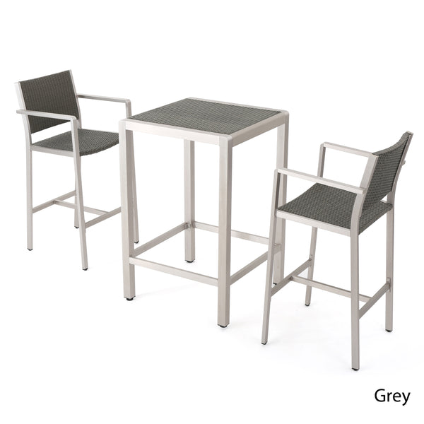 gdf studio Capral Outdoor Modern 3-Piece Gray Wicker Bar Set with Aluminum Frame