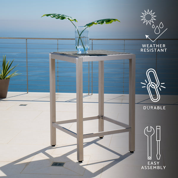 Gdf Studio Capral Outdoor Modern Gray Wicker Bar Table With Aluminum Frame