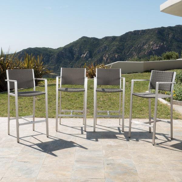 Gdf Studio Capral Outdoor Modern Gray Wicker Barstools With Aluminum Frame (Set Of 4)