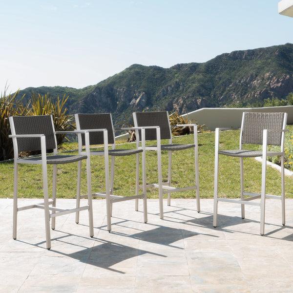 Gdf Studio Capral Outdoor Modern Gray Wicker Barstools With Aluminum Frame (Set Of 4)