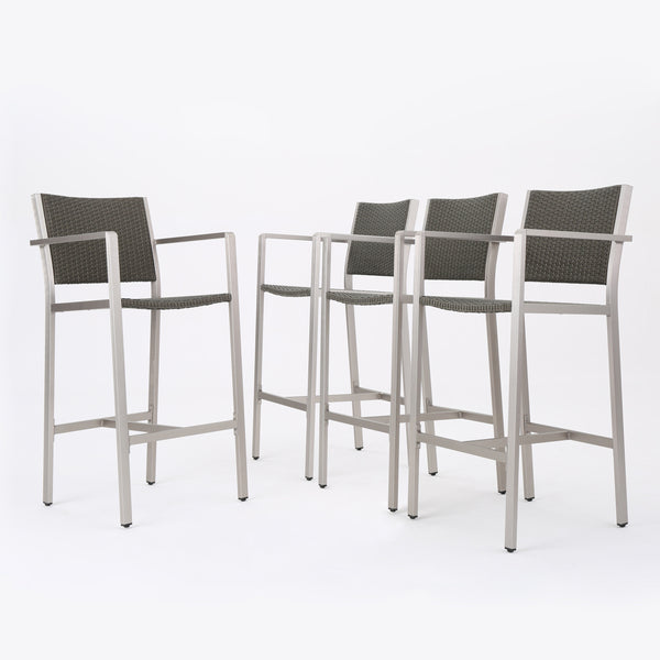 gdf studio Capral Outdoor Modern Gray Wicker Barstools with Aluminum Frame (Set of 4)