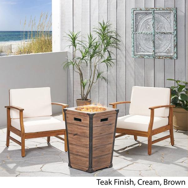 Gdf Studio Capri Outdoor 2 Piece Acacia Wood Club Chair Set With Cushions And Fire Column