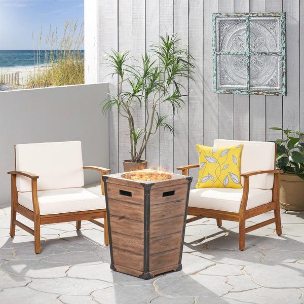Gdf Studio Capri Outdoor 2 Piece Acacia Wood Club Chair Set With Cushions And Fire Column