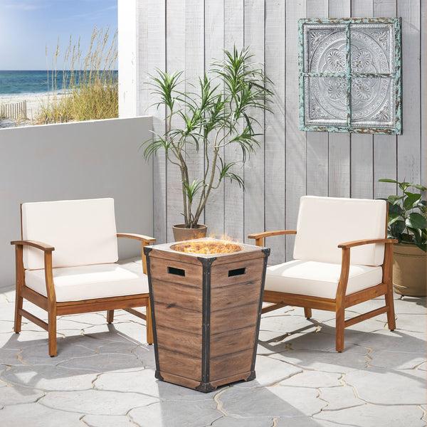 Gdf Studio Capri Outdoor 2 Piece Acacia Wood Club Chair Set With Cushions And Fire Column