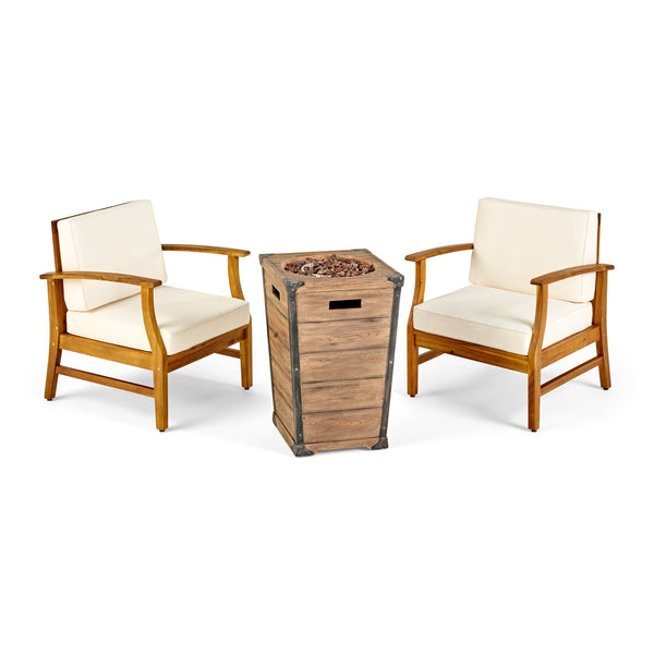 gdf studio Capri Outdoor 2 Piece Acacia Wood Club Chair Set with Cushions and Fire Column