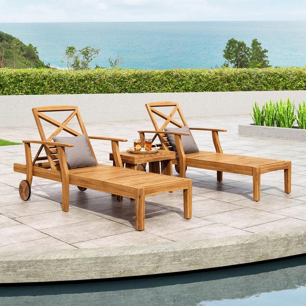 Gdf Studio Capri Outdoor Acacia Wood 3 Piece Chaise Lounge Set