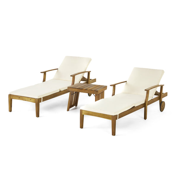 Gdf Studio Capri Outdoor Acacia Wood 3 Piece Chaise Lounge Set With Water-Resistant Cushions