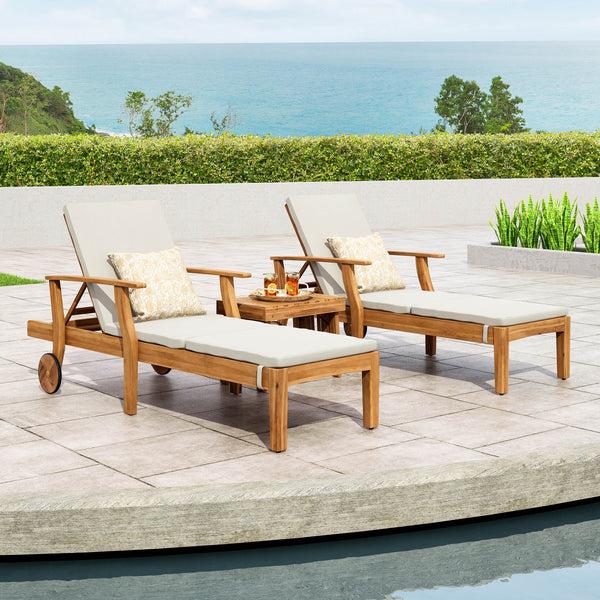 gdf studio Capri Outdoor Acacia Wood 3 Piece Chaise Lounge Set with Water-Resistant Cushions