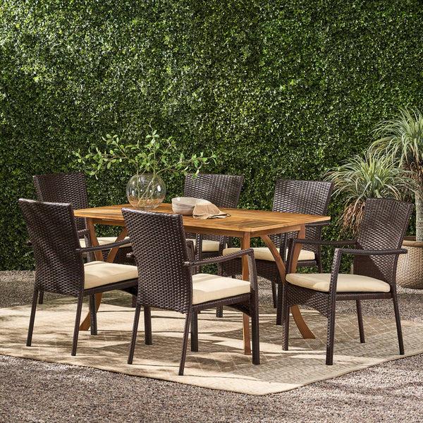 Gdf Studio Caprise 7 Piece Outdoor Dining Set (Wood Table W/ Wicker Chairs)