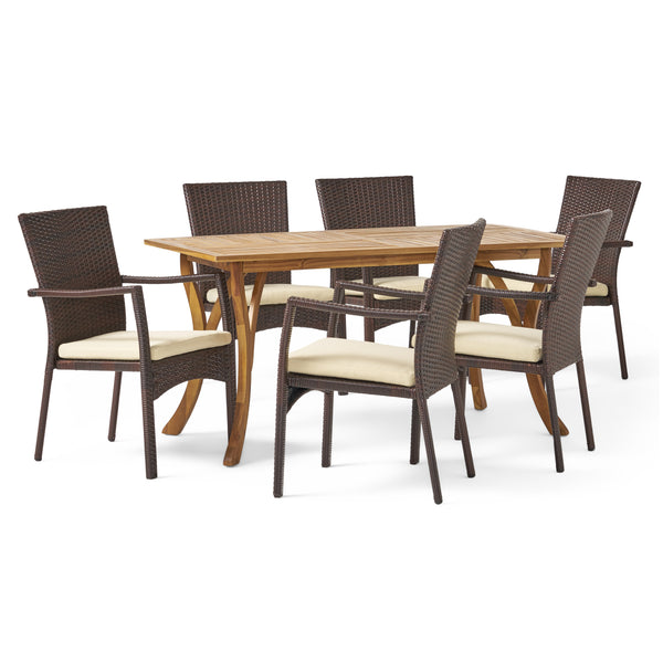 gdf studio Caprise 7 Piece Outdoor Dining Set (Wood Table w/ Wicker Chairs)
