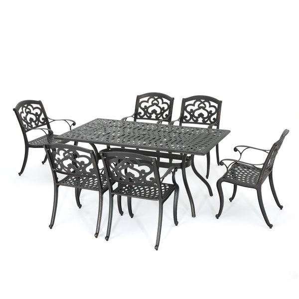 gdf studio Carlton Outdoor 7 Pc Patina Copper Cast Aluminum Dining Set