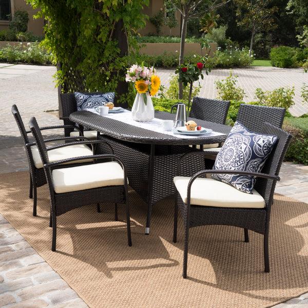 Gdf Studio Carmela Outdoor 7pc Multibrown PE Wicker Long Dining Set