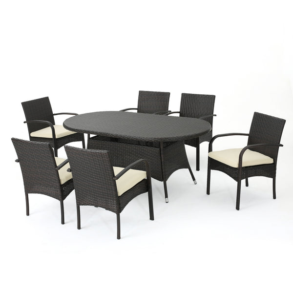 gdf studio Carmela Outdoor 7pc Multibrown PE Wicker Long Dining Set