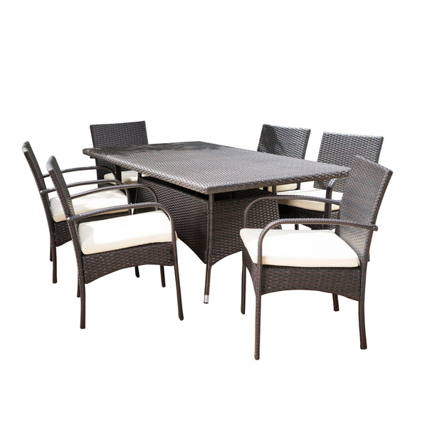 gdf studio Carmela Outdoor 7pc Multibrown PE Wicker Long Dining Set