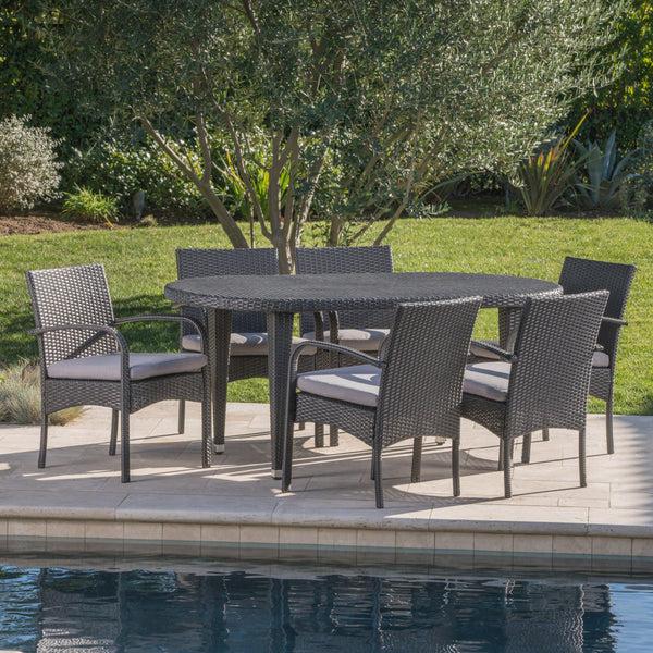 Gdf Studio Carpenter Outdoor 7 Piece Gray Wicker Dining Set With Gray Water Resistant Cushions