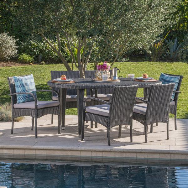 Gdf Studio Carpenter Outdoor 7 Piece Gray Wicker Dining Set With Gray Water Resistant Cushions