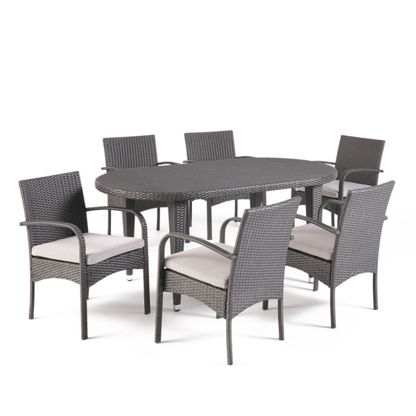 gdf studio Carpenter Outdoor 7 Piece Gray Wicker Dining Set with Gray Water Resistant Cushions
