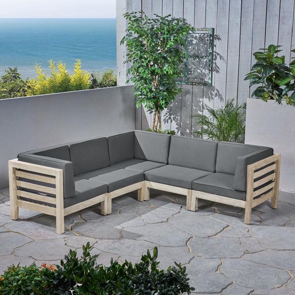 Gdf Studio Cascada Outdoor Acacia Wood 5 Seater Sectional Sofa Set With Cushions