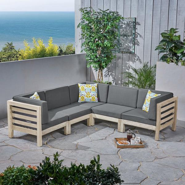 gdf studio Cascada Outdoor Acacia Wood 5 Seater Sectional Sofa Set with Cushions
