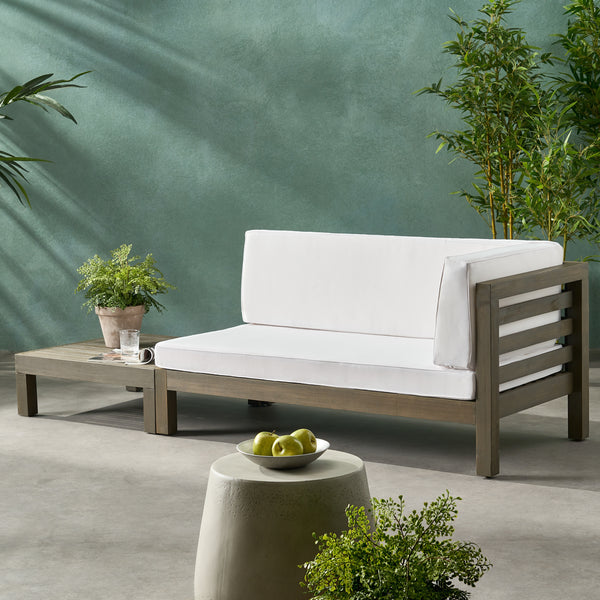 gdf studio Cascada Outdoor Acacia Wood Right Arm Loveseat and Coffee Table Set with Cushion