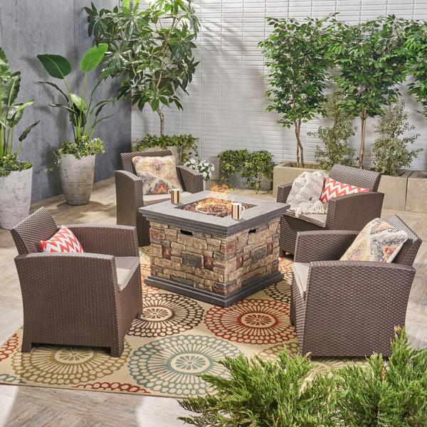 Gdf Studio Casey Outdoor 4-Seater Wicker Print Club Chair Chat Set With Fire Pit
