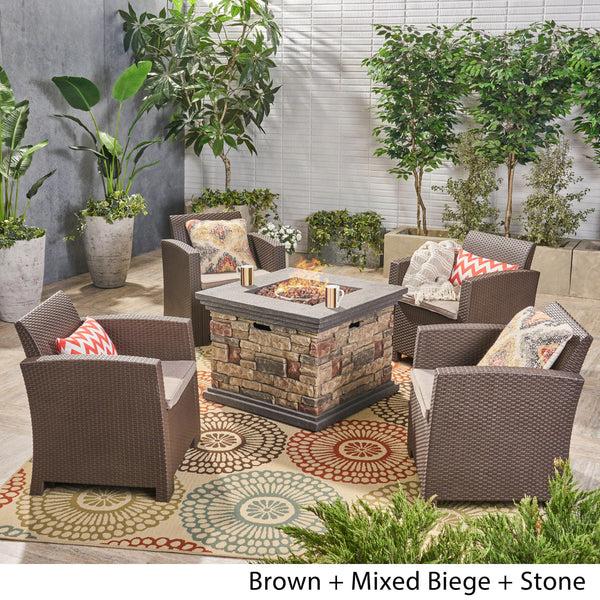 Gdf Studio Casey Outdoor 4-Seater Wicker Print Club Chair Chat Set With Fire Pit