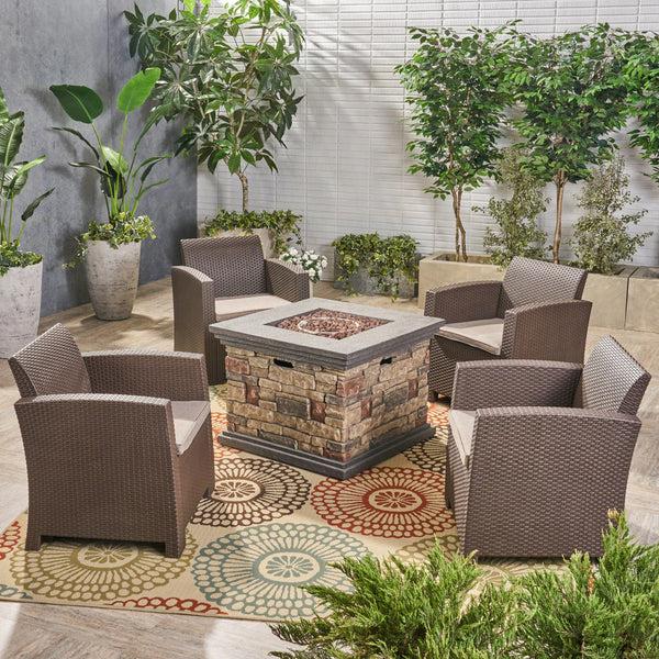 Gdf Studio Casey Outdoor 4-Seater Wicker Print Club Chair Chat Set With Fire Pit