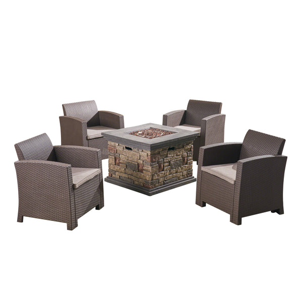 gdf studio Casey Outdoor 4-Seater Wicker Print Club Chair Chat Set with Fire Pit