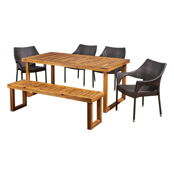 Gdf Studio Cason Outdoor 6-Seater Wood And Wicker Chair And Bench Dining Set