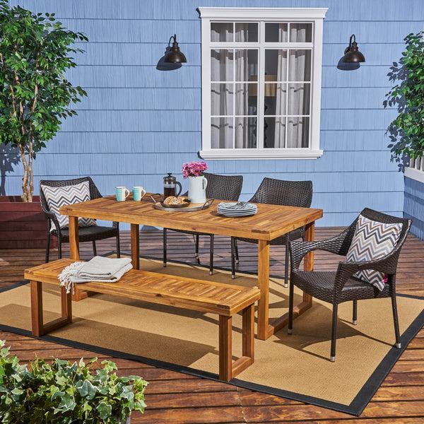 Gdf Studio Cason Outdoor 6-Seater Wood And Wicker Chair And Bench Dining Set
