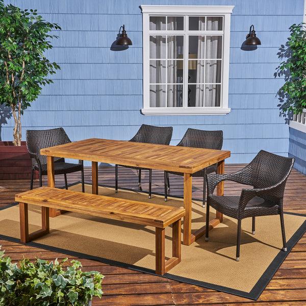 Gdf Studio Cason Outdoor 6-Seater Wood And Wicker Chair And Bench Dining Set