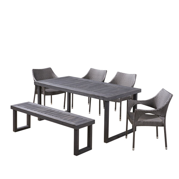 gdf studio Cason Outdoor 6-Seater Wood and Wicker Chair and Bench Dining Set