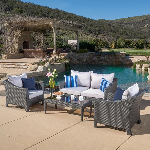 Gdf Studio Caspian 5pc Outdoor Grey Wicker Sofa Set