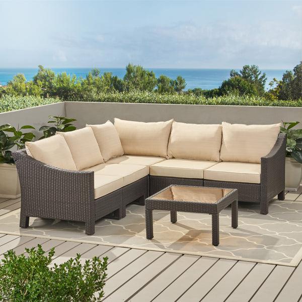 Gdf Studio Caspian 6pc Outdoor Wicker V-shaped Sectional Sofa Set W/ Cushions