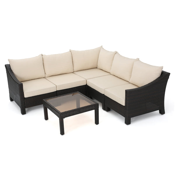 gdf studio Caspian 6pc Outdoor Wicker V-shaped Sectional Sofa Set w/ Cushions