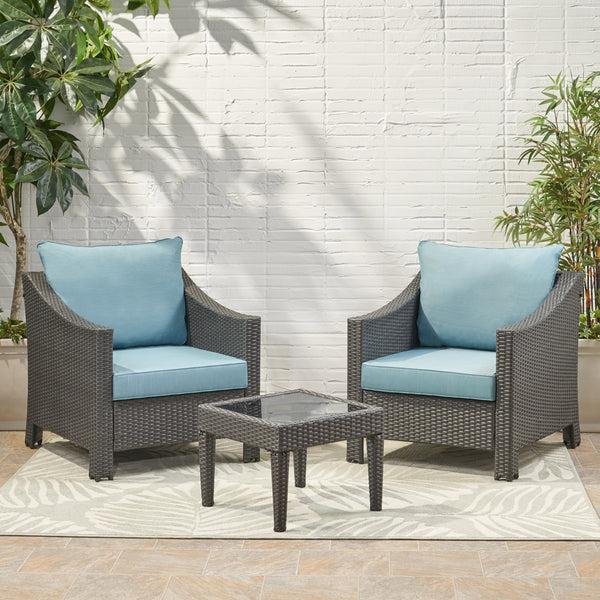 Gdf Studio Caspian Outdoor 3 Piece Gray Wicker Chat Set With Teal Water Resistant Cushions
