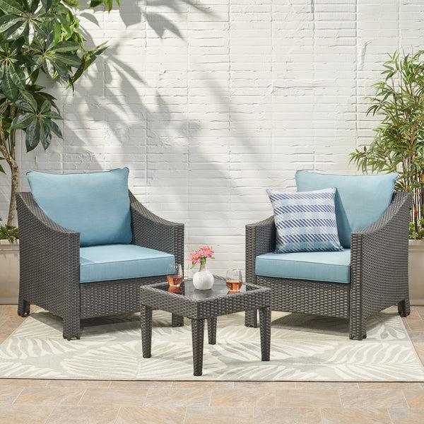 Gdf Studio Caspian Outdoor 3 Piece Gray Wicker Chat Set With Teal Water Resistant Cushions