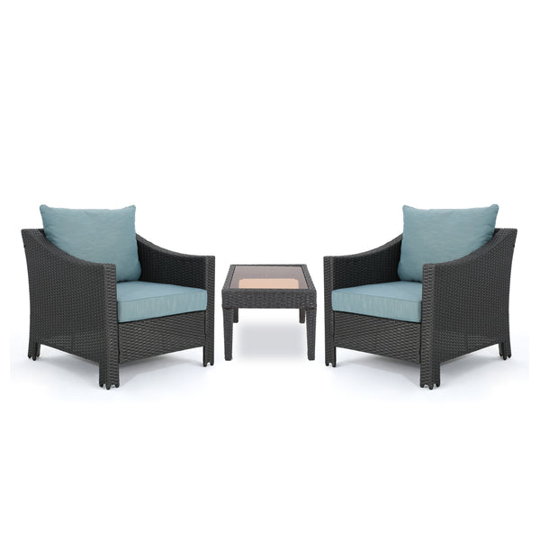 gdf studio Caspian Outdoor 3 Piece Gray Wicker Chat Set with Teal Water Resistant Cushions