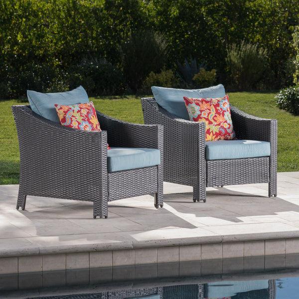 Gdf Studio Caspian Outdoor Gray Wicker Club Chairs With Teal Water Resistant Cushions (Set Of 2)
