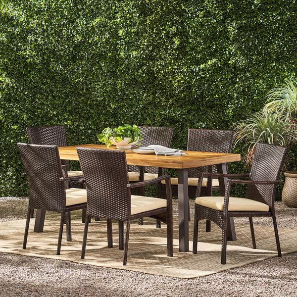 Gdf Studio Castlelake 7 Piece Outdoor Dining Set (Wood Table W/ Wicker Chairs)
