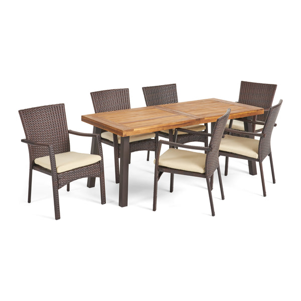 gdf studio Castlelake 7 Piece Outdoor Dining Set (Wood Table w/ Wicker Chairs)