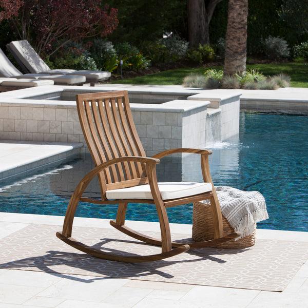 Gdf Studio Cattan Outdoor Acacia Wood Rocking Chair With Water Resistant Cushion