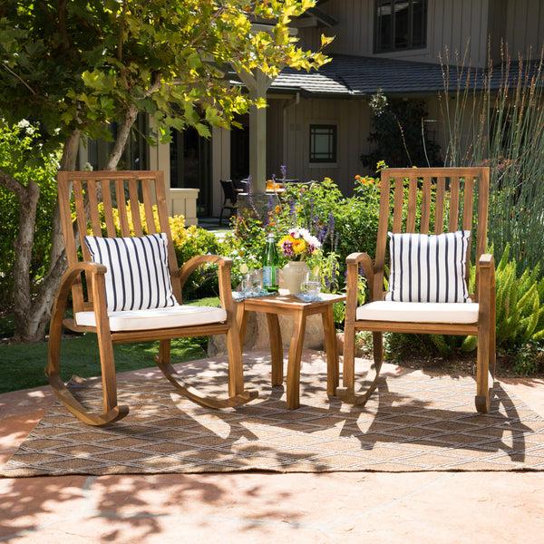 Gdf Studio Cattan Outdoor Natural Stained Acacia Wood Rocking Chair Chat Set