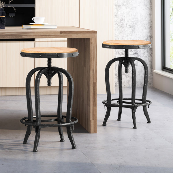 Gdf Studio Cedarville Industrial Firwood Adjustable Height Swivel Barstools Set Of 2 Antique Natural And Pewter